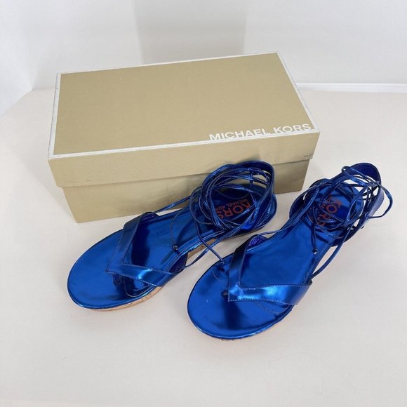 Metallic Blue Michael Kors Gladiator Sandals Tie Ankle Strap 8m Original Box - Picture 1 of 10